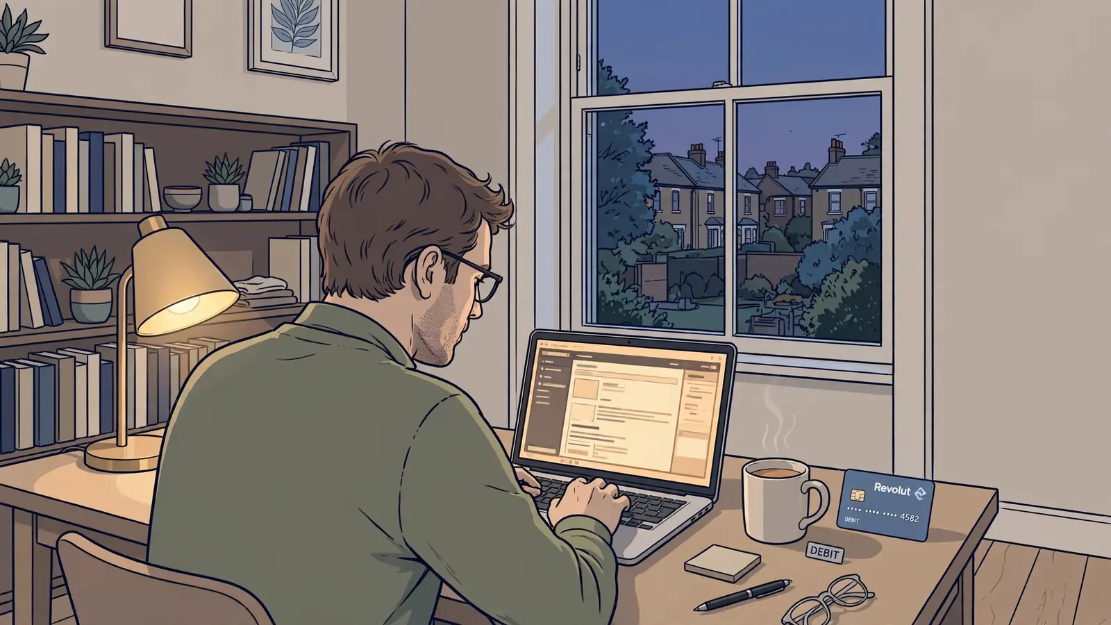 Person at desk with laptop and Revolut card in a tidy UK flat.