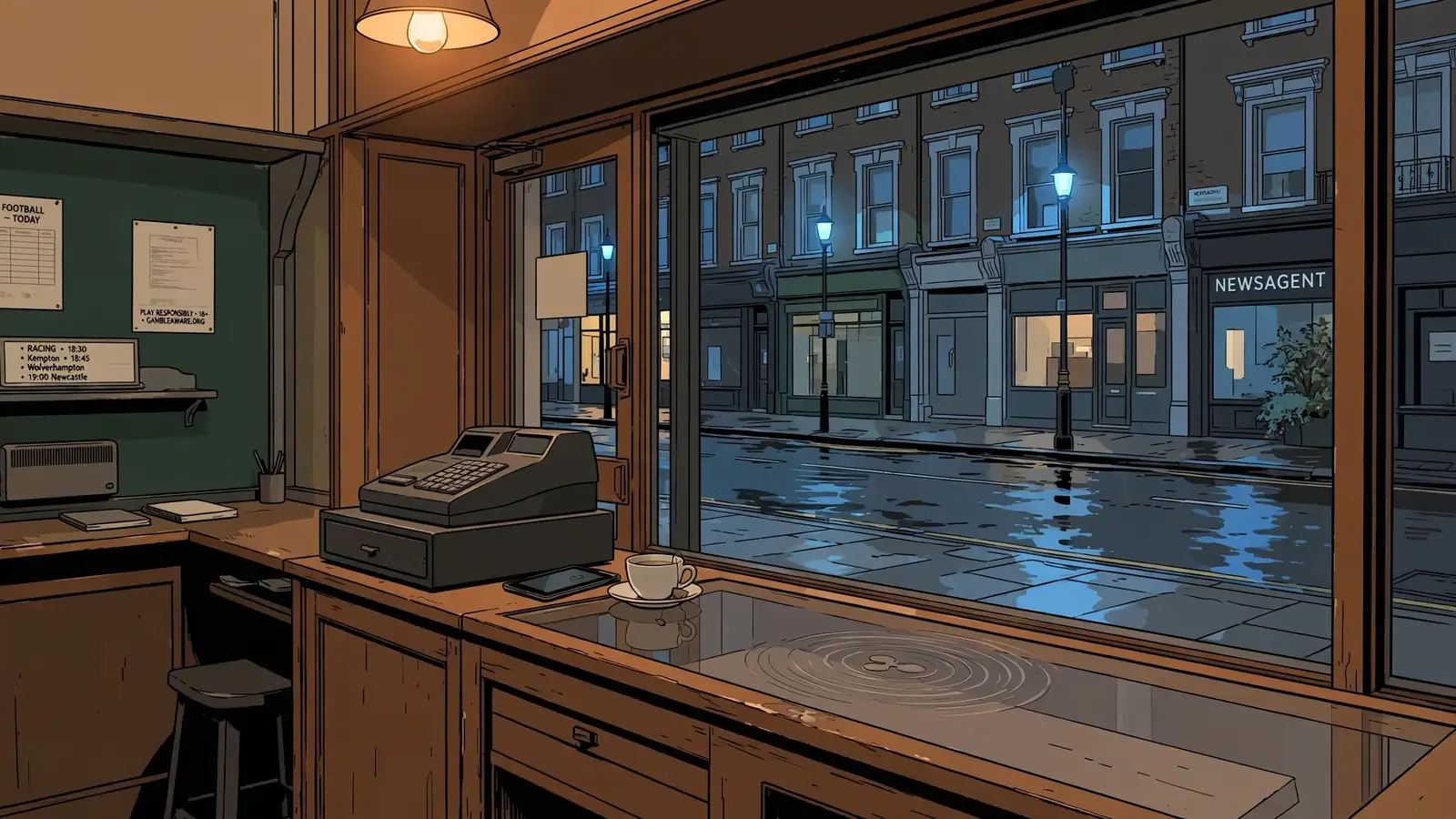 Empty British betting shop interior at dusk with closed counter and downturned tablet