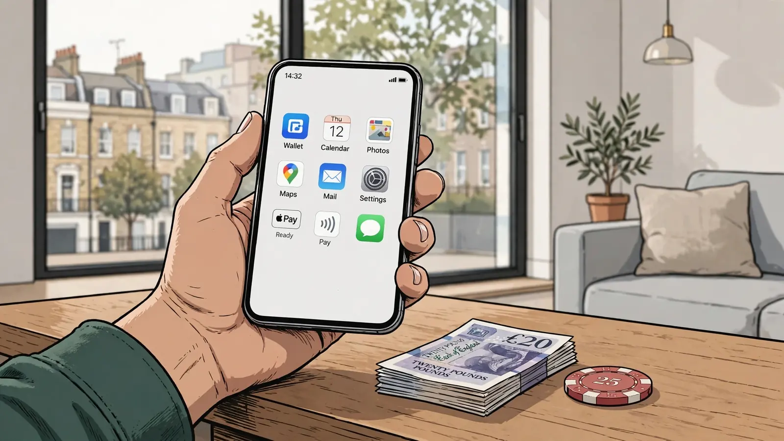 Hand holding smartphone near British pound notes and poker chip on a table
