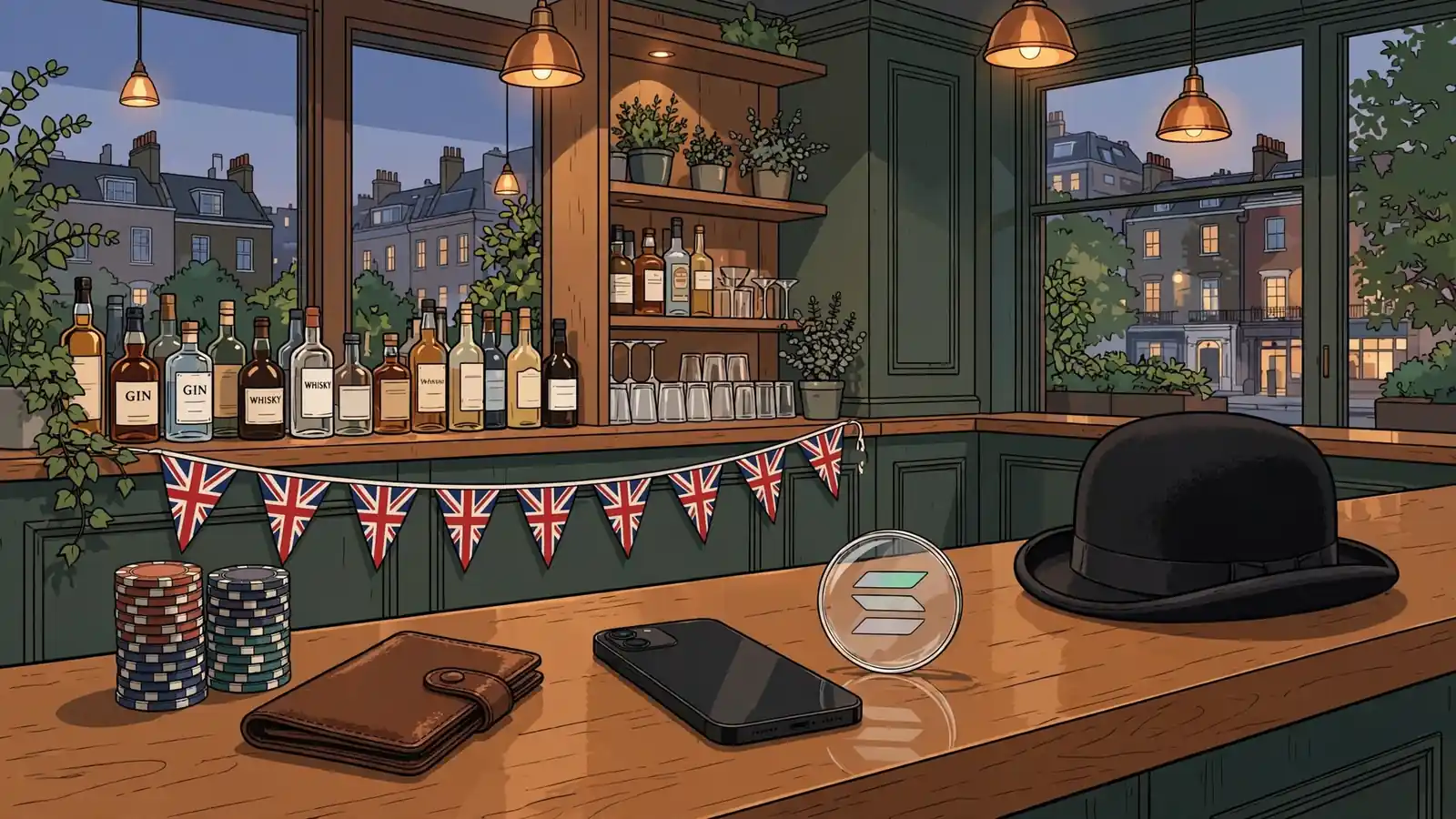 London lounge interior with poker chips, Solana coin and UK decor at dusk