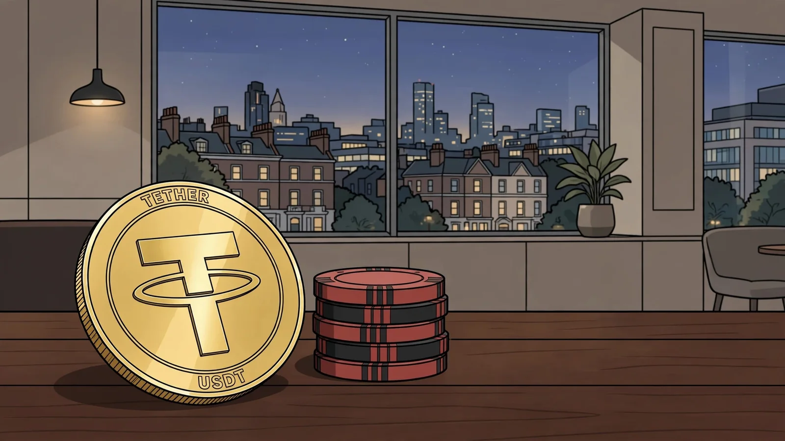 Gold stablecoin token with casino chips on a wooden surface in a London interior