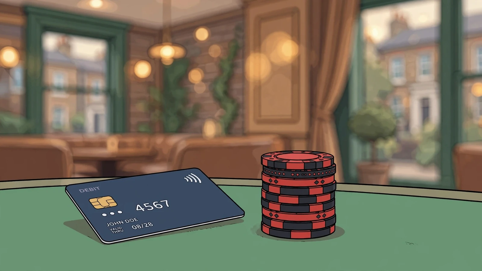 Payment card and casino chips on green felt table