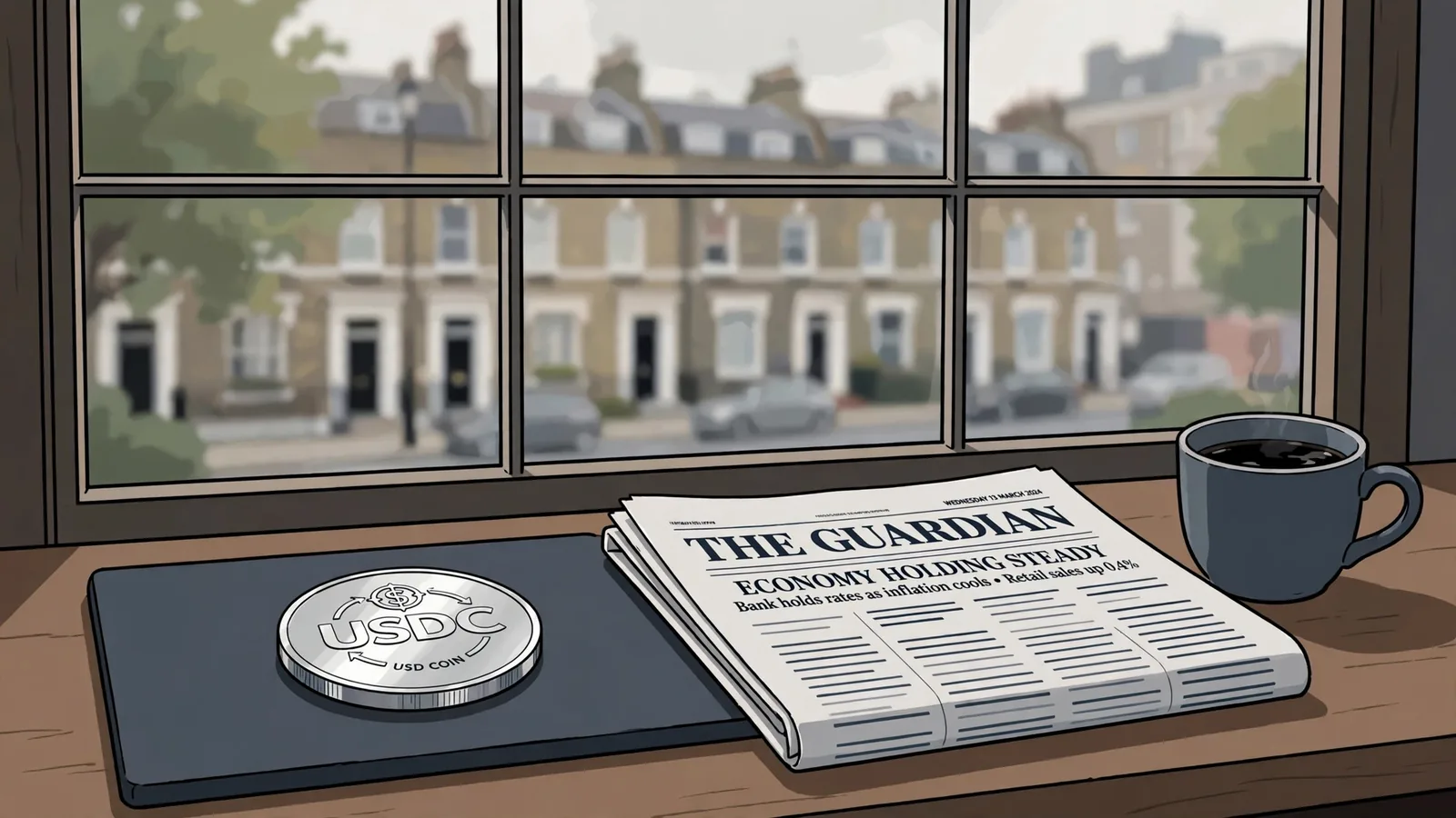 USDC coin beside a British newspaper and tea on a desk.