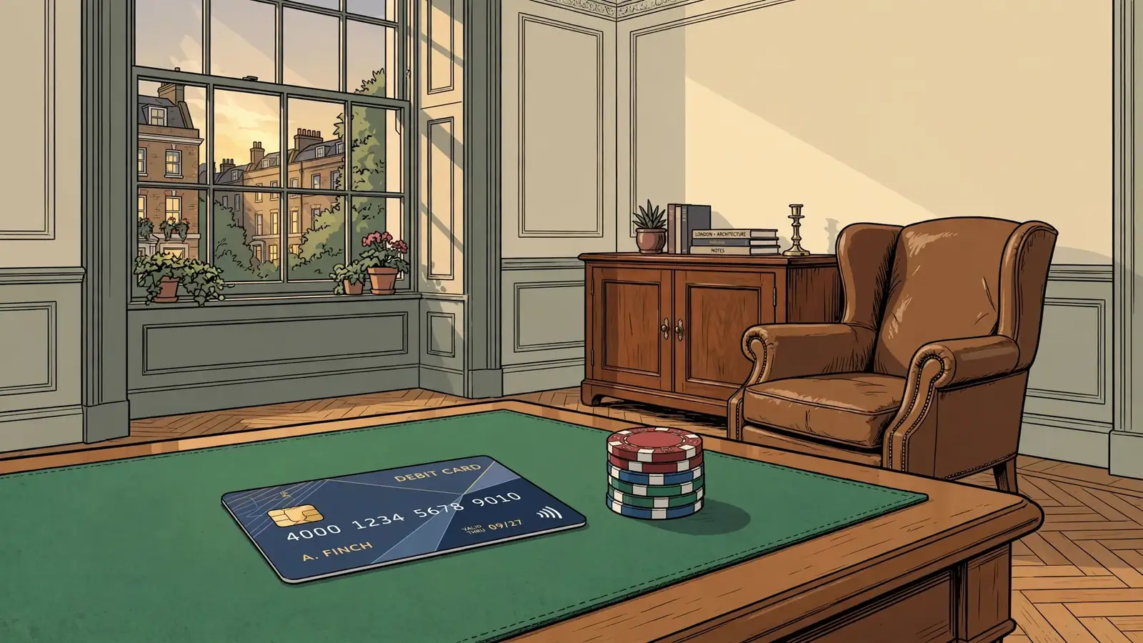 Bank card on green felt with casino chips in a London townhouse interior