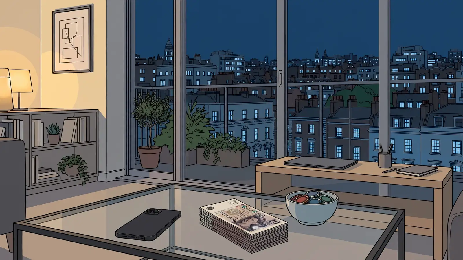 London apartment at night with smartphone, pound notes and casino chips on a table