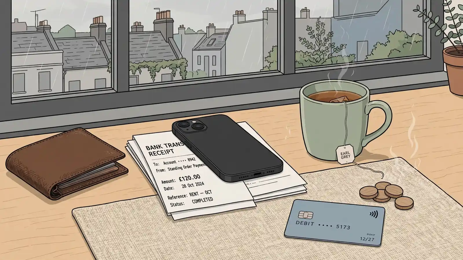British desk with phone, bank receipts, card and casino chips by a window