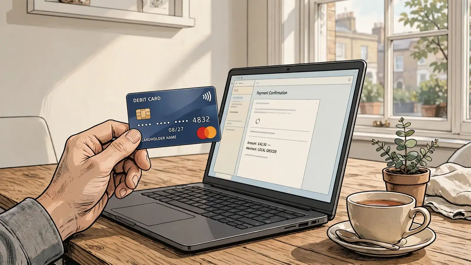 Hand holding a bank card beside a laptop on a table.
