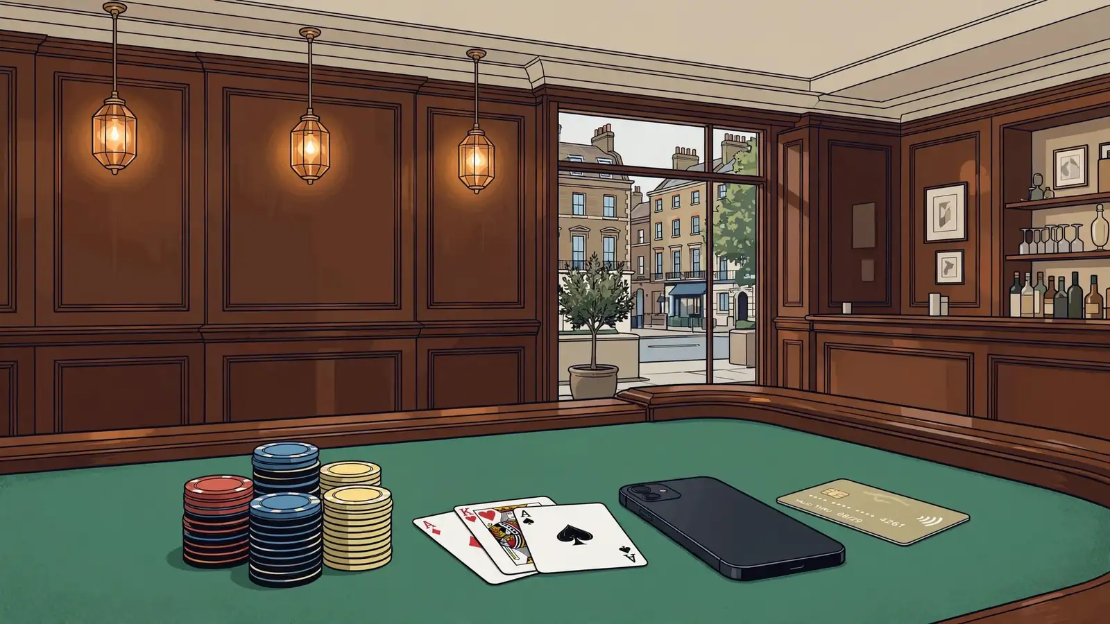 UK casino gaming table with chips, cards, smartphone and a payment card in warm amber light