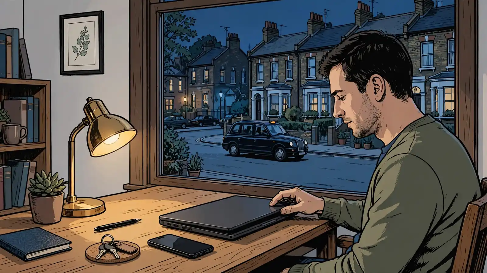 Person closing laptop at a desk in a London flat at night, phone face-down.