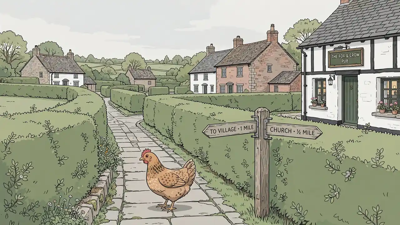 Curious hen at a countryside crossroads near a British village pub.