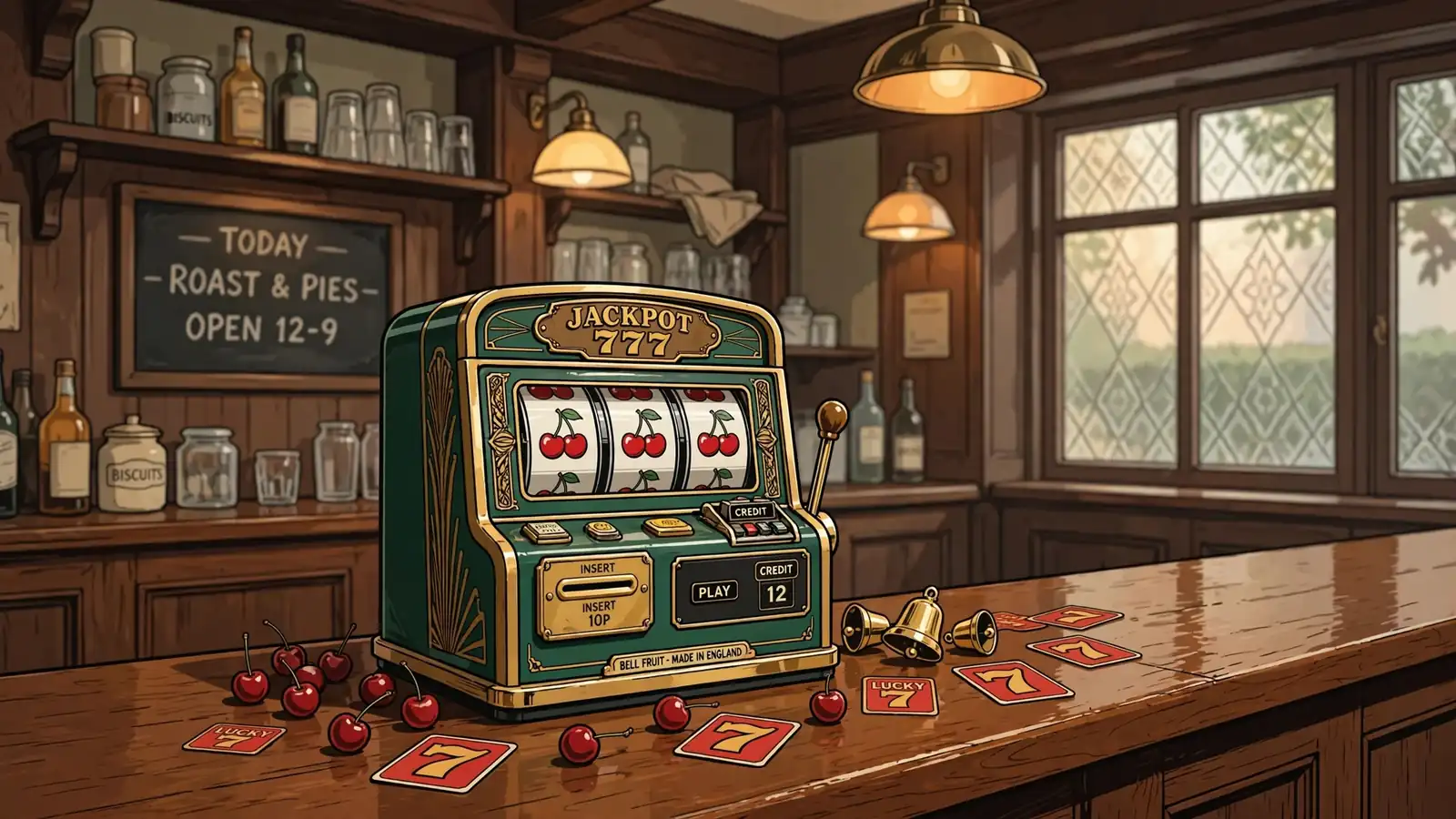 Classic fruit slot machine on a wooden British pub counter with cherries, bells, and sevens