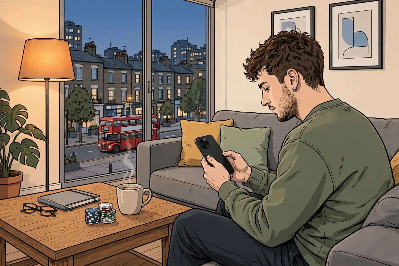 Young adult on sofa in UK apartment at dusk, phone in hand, casino chips on coffee table