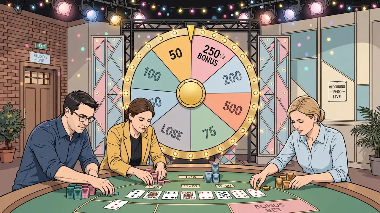UK live casino studio with colourful money wheel and players at betting table