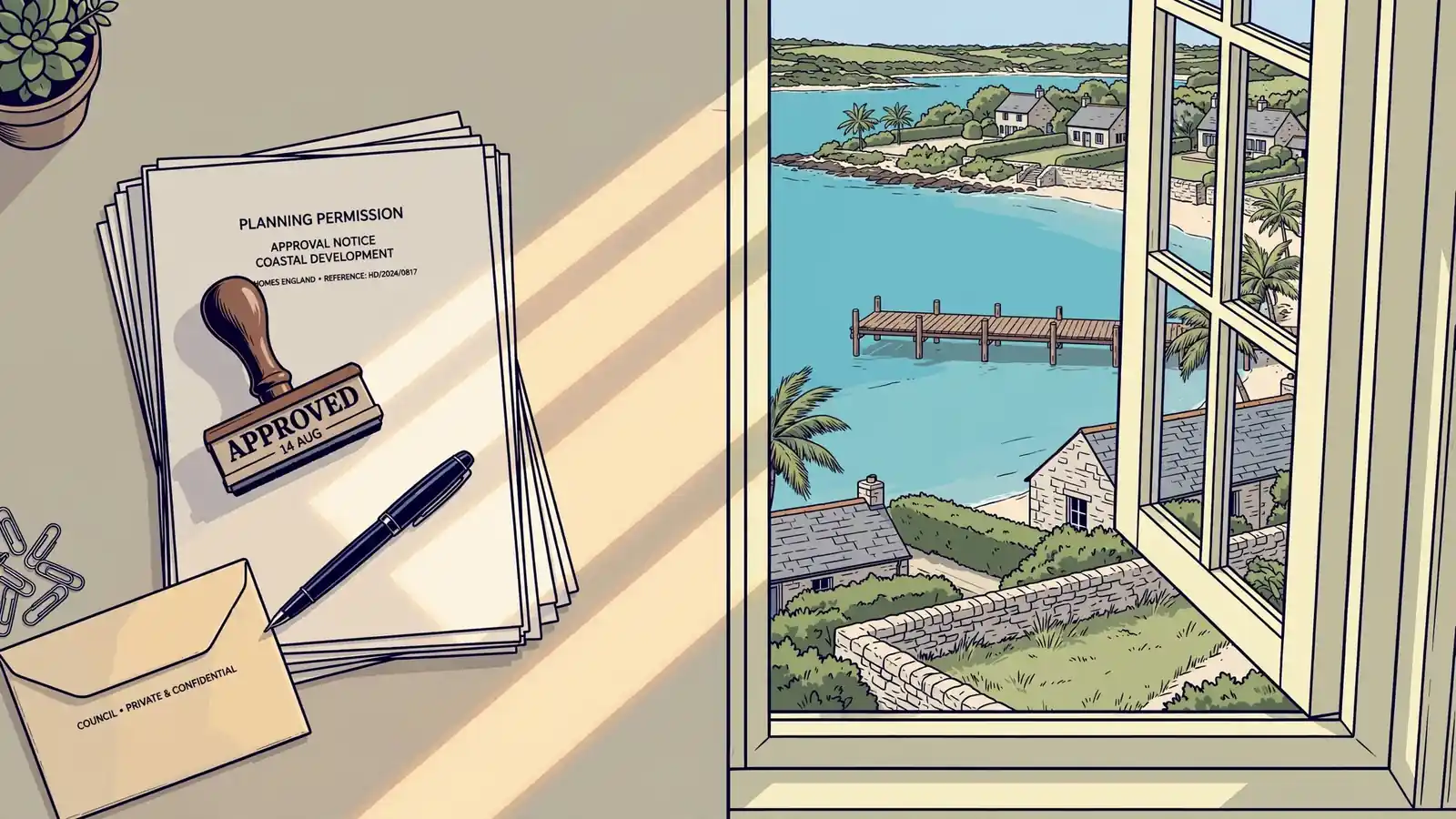 Split desk with official documents on one side and a Caribbean beach view on the other.