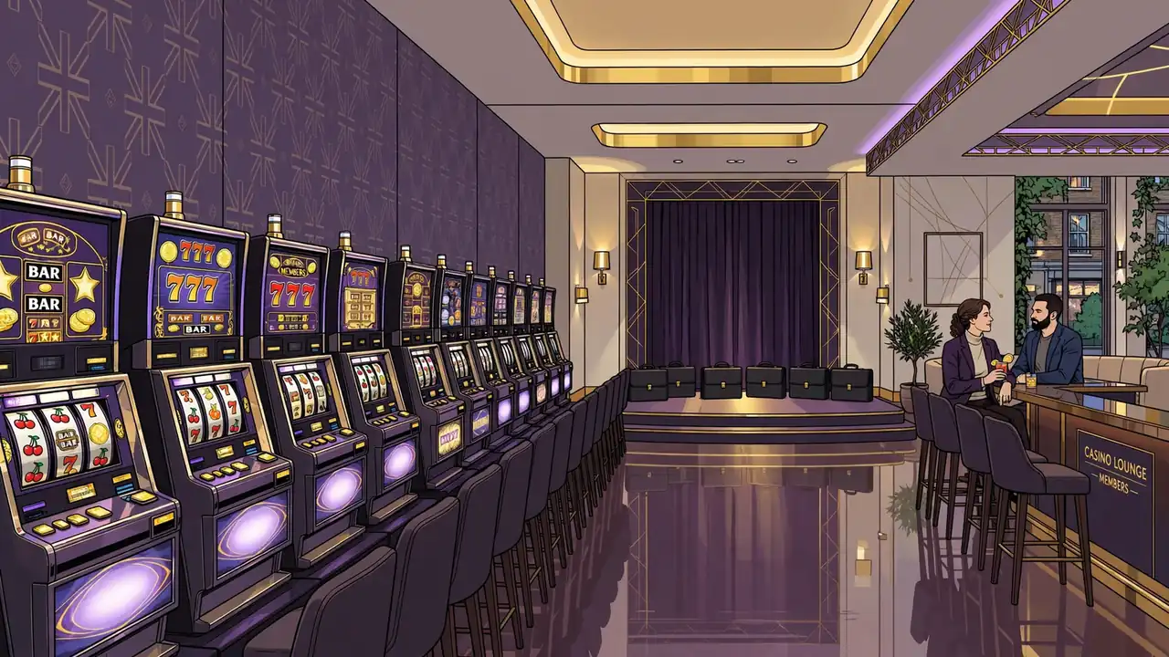 Modern UK casino lounge with slot machines and briefcases on a stage