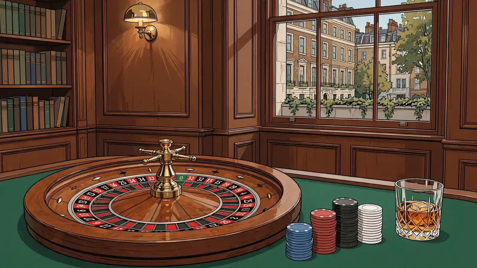 European roulette wheel with single zero on green felt in elegant London club room