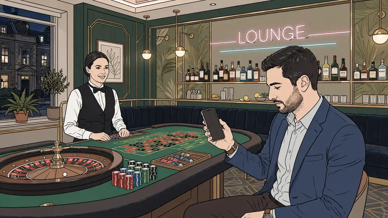 Modern UK casino lounge with roulette table, chips, and a player holding a smartphone.