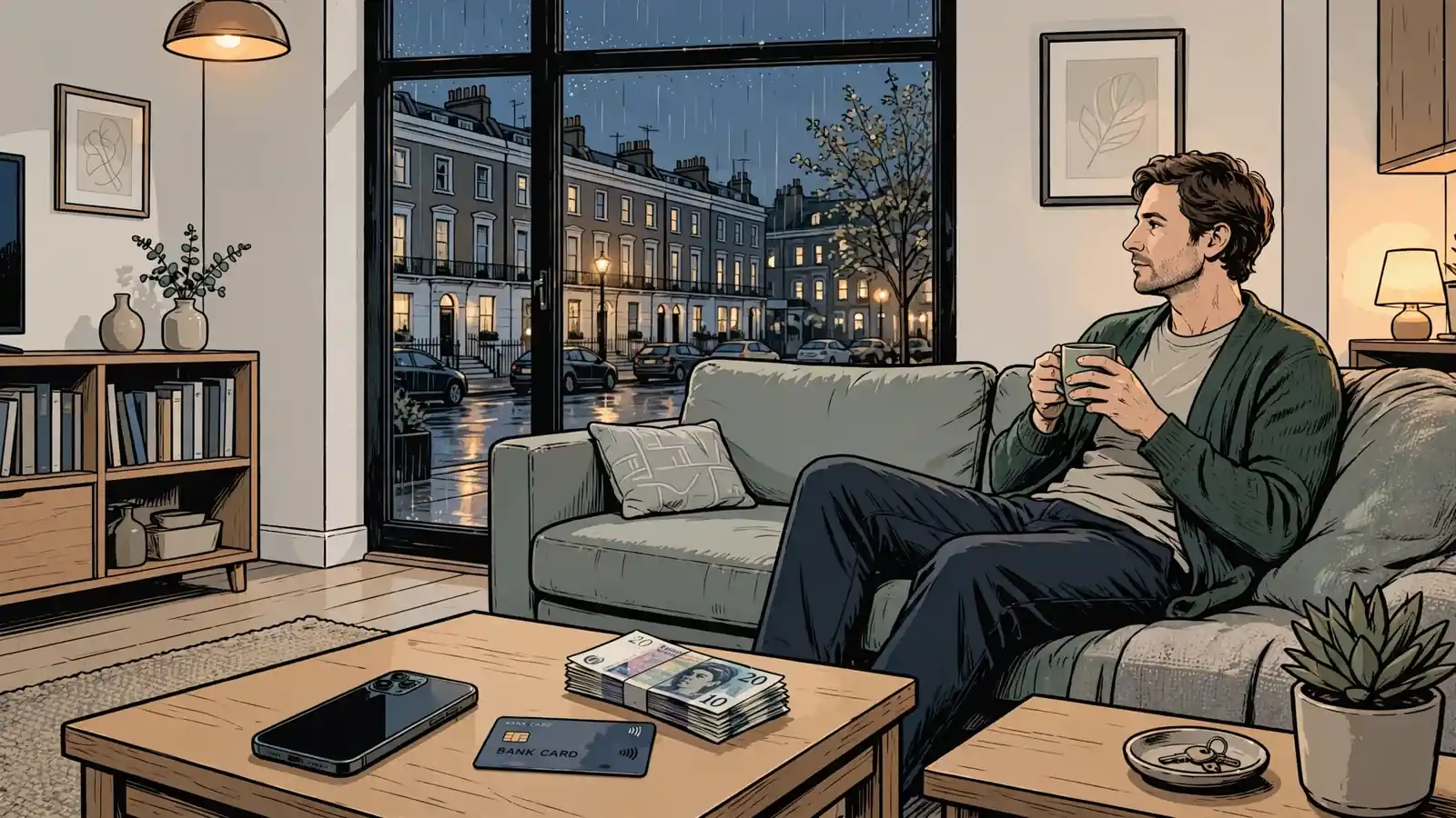 Person relaxing at home with a phone and British pounds after a casino withdrawal