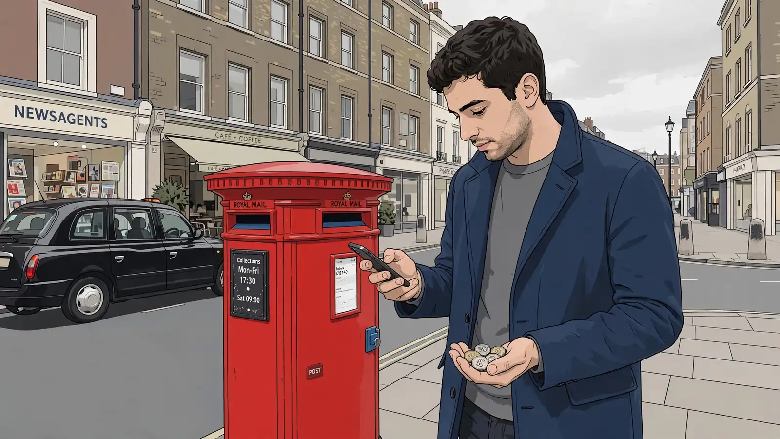 Person in London checking phone with British coins near red post box.