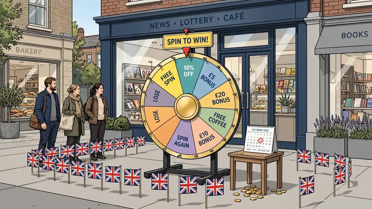 Casino promotional wheel on a UK high street with coins and a calendar.