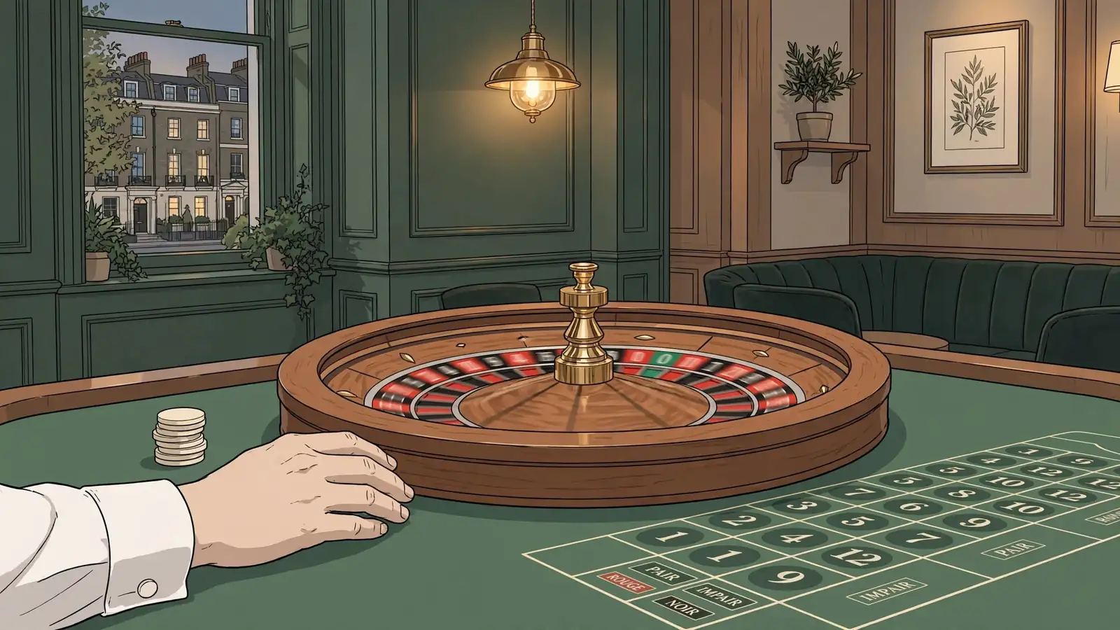 French roulette wheel on a casino table with a croupier's hand nearby