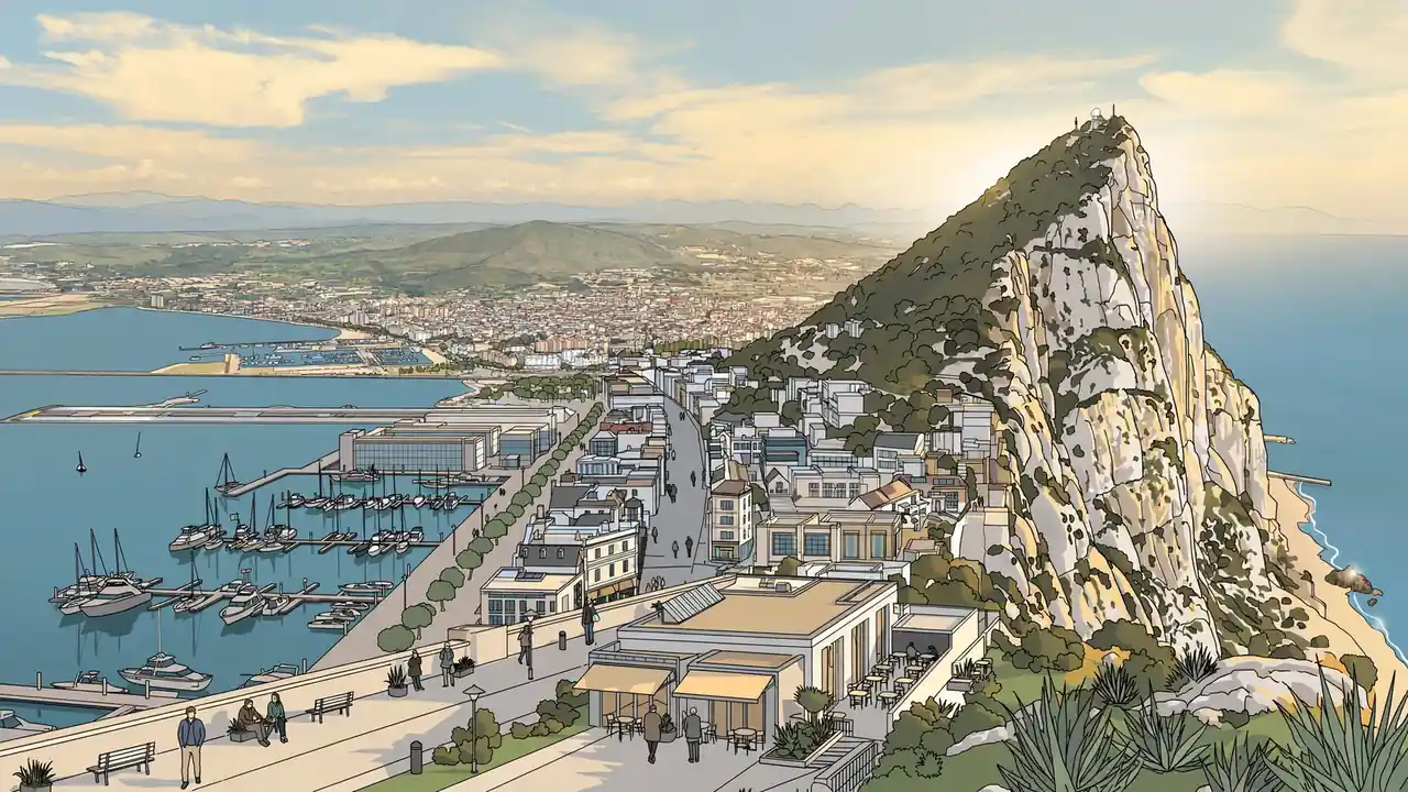 Rock of Gibraltar at golden hour with harbour and waterfront offices