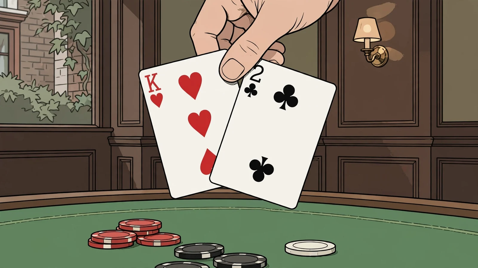 Hand holding high and low playing cards over a green felt casino table with chips.