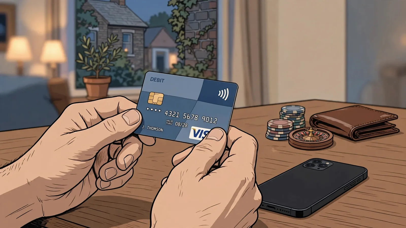 Hands holding a UK bank card beside a smartphone and casino chips on a table.