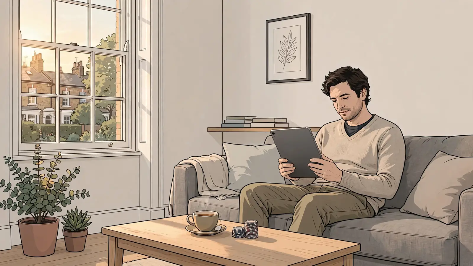 Person holding an iPad in a modern British living room with tea and poker chips nearby.