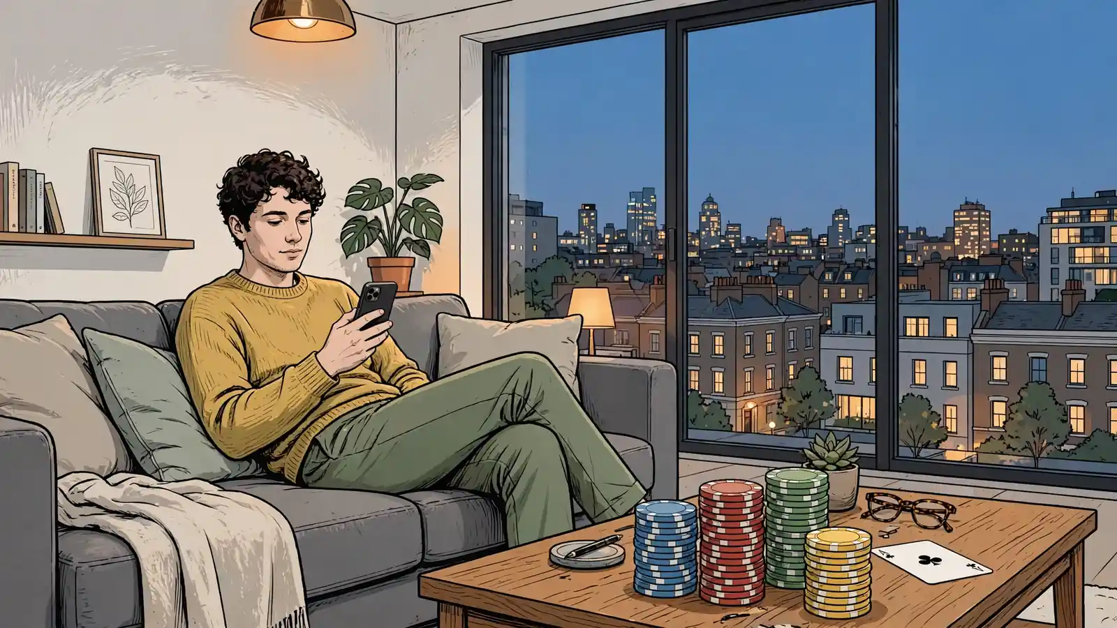 Person on sofa in London apartment holding smartphone near poker chips at dusk