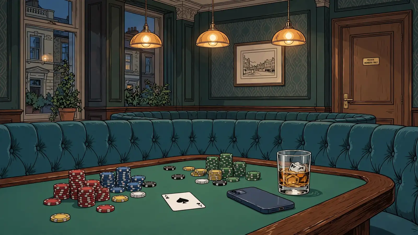 Interior of a UK casino lounge with gaming table, chips, and a turned-over phone.