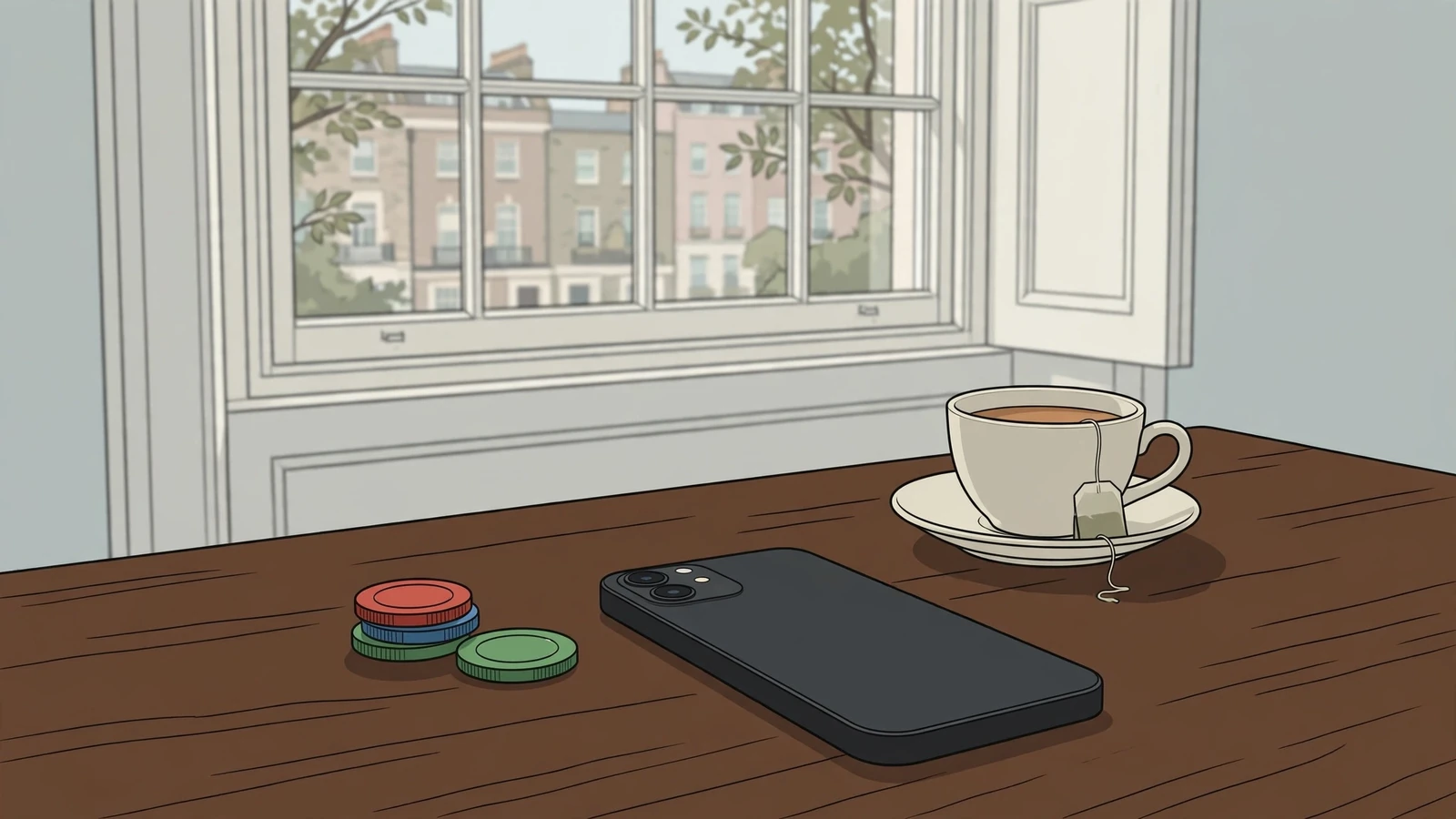 Smartphone on a wooden table with casino chips and a cup of tea