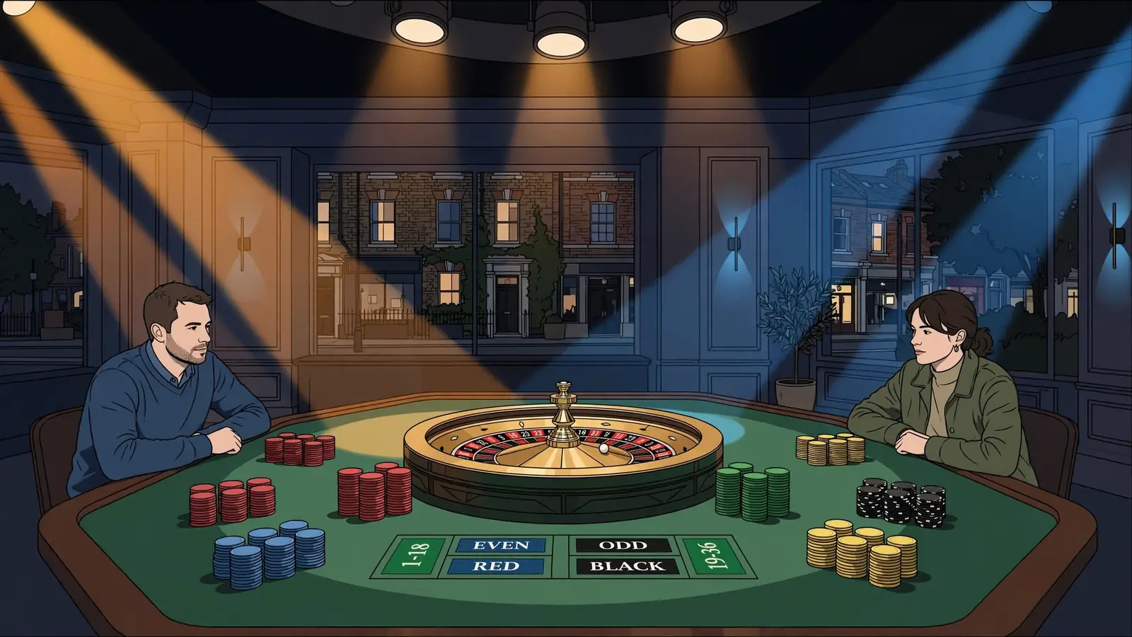 Roulette wheel on a live casino studio table with dramatic stage lighting and chip stacks