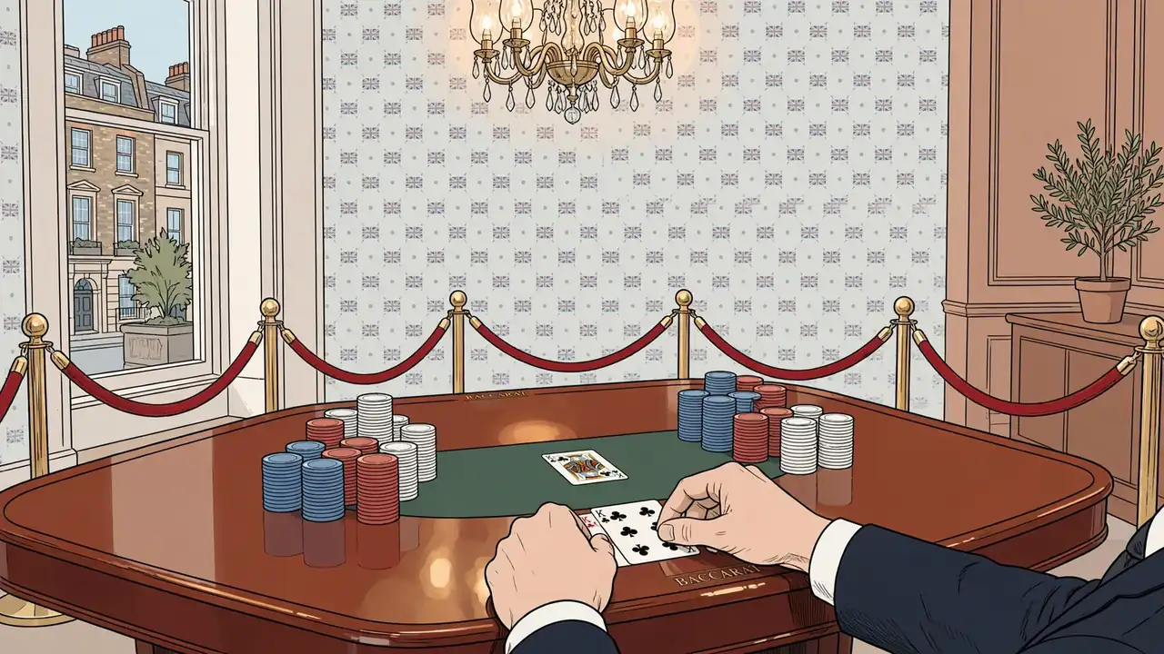 Live baccarat casino studio with a croupier at a polished table in a London-themed setting.