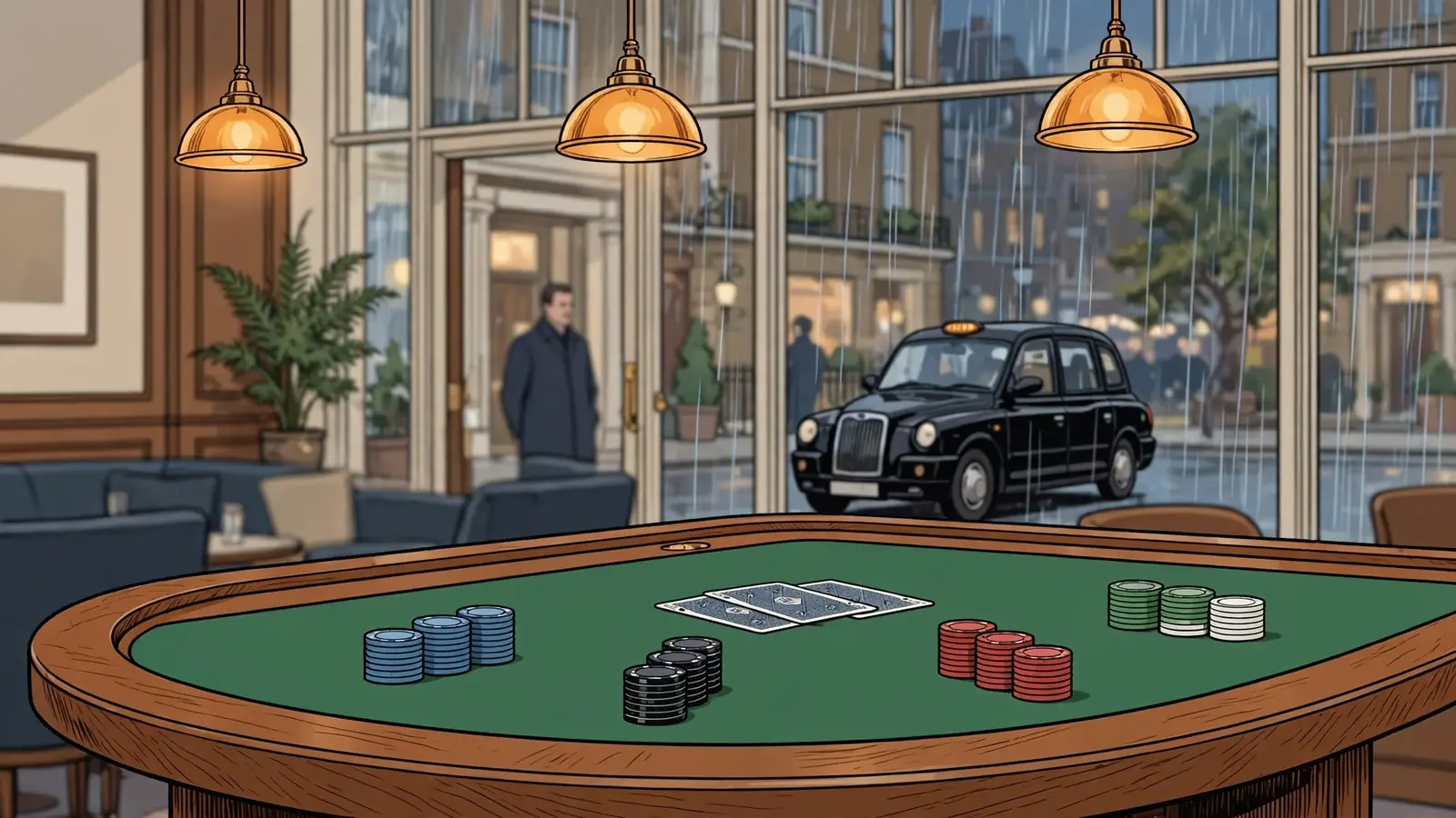 Live blackjack table in a British casino lounge with chips and cards under warm lights.