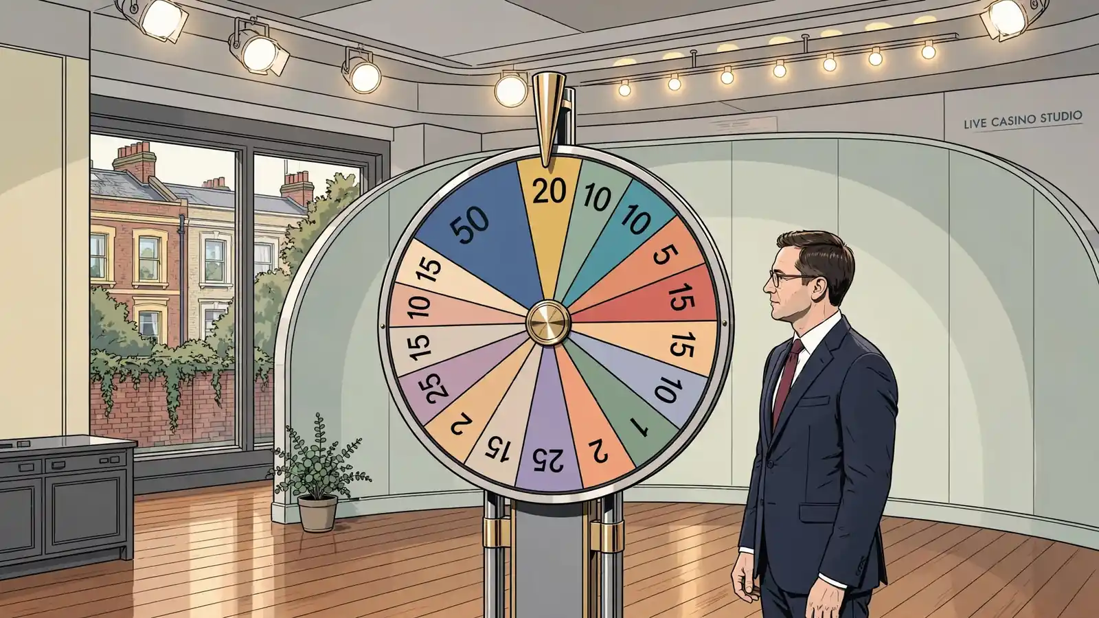 Live casino studio interior with a money wheel and presenter