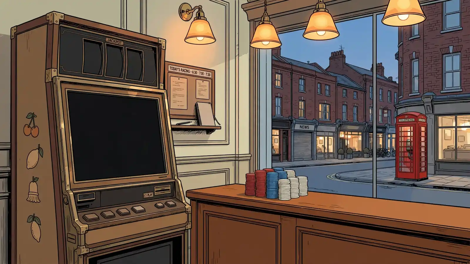 Vintage slot machine inside a British betting shop with a UK high street view at evening.