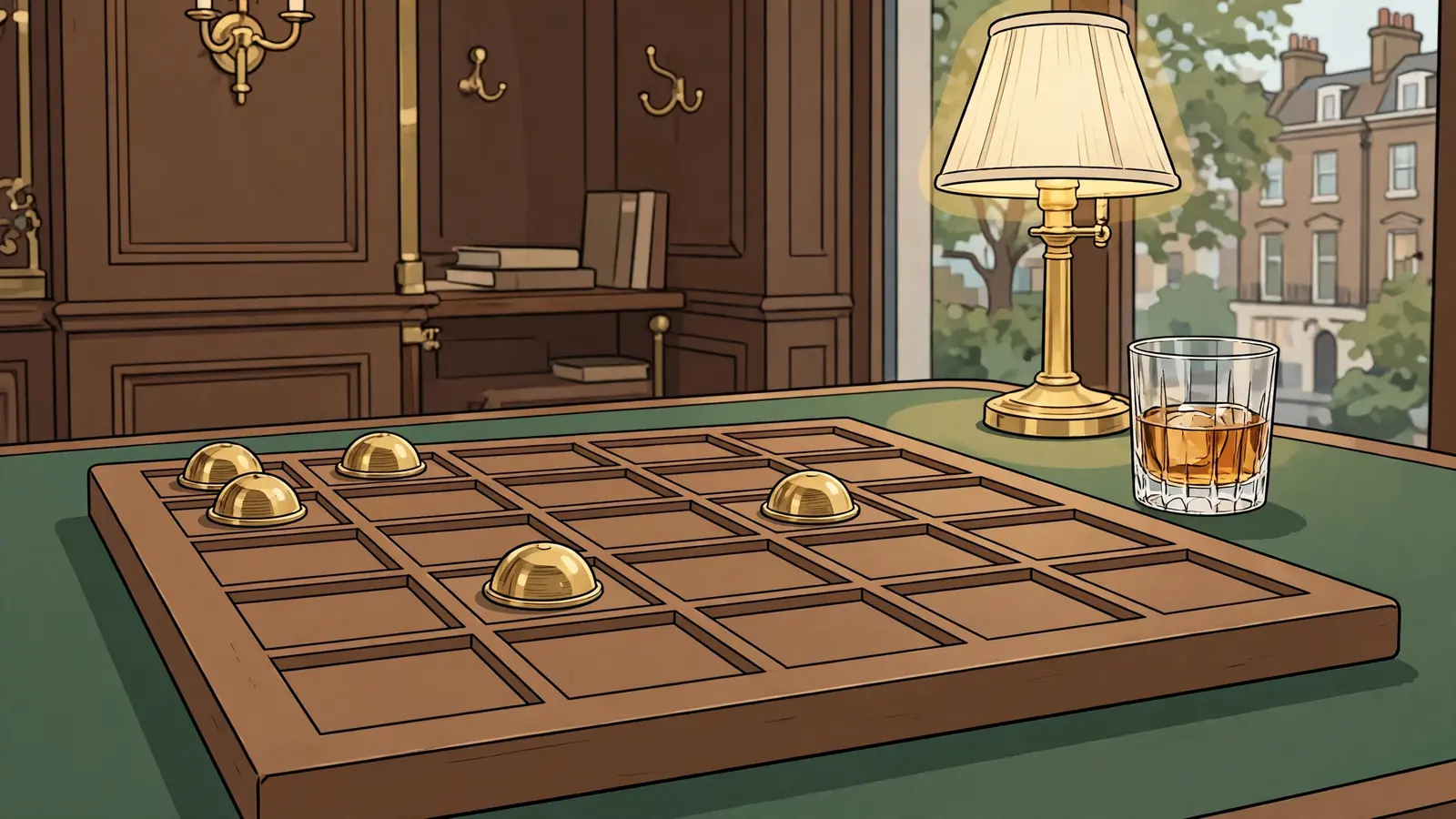 Brass domes on a wooden grid board at a London club table