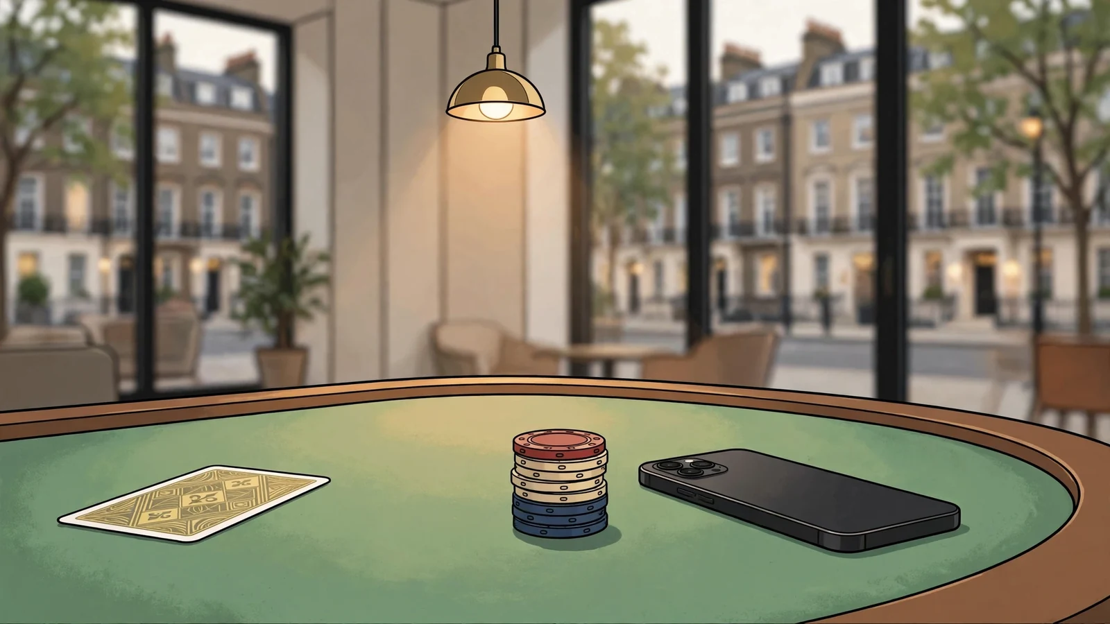 Smartphone on green casino table with chips near a window in a UK setting