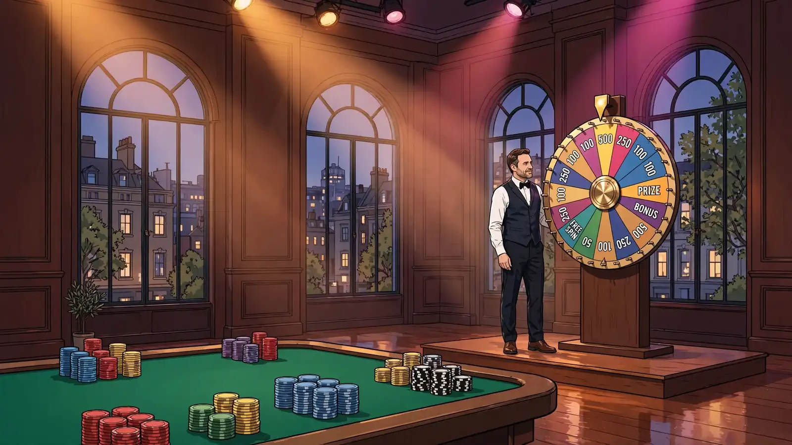 UK live casino game show studio with host, prize wheel, and chip stacks under warm stage lighting.