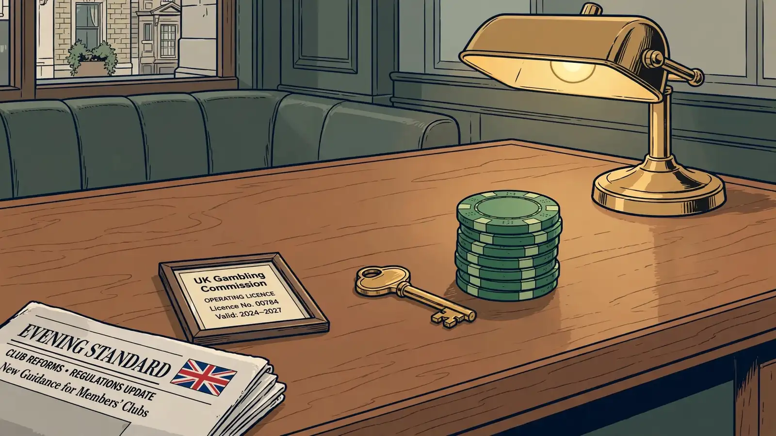 Polished wooden table with gaming chip, official licence document, and Union Jack newspaper in a London club interior.
