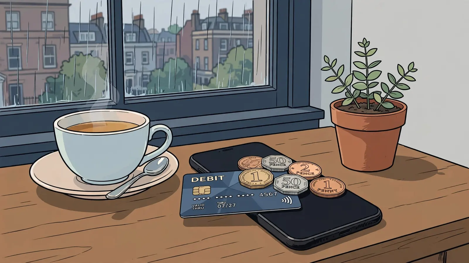 Smartphone, debit card, coins, and tea on a wooden table near a rain-streaked window.