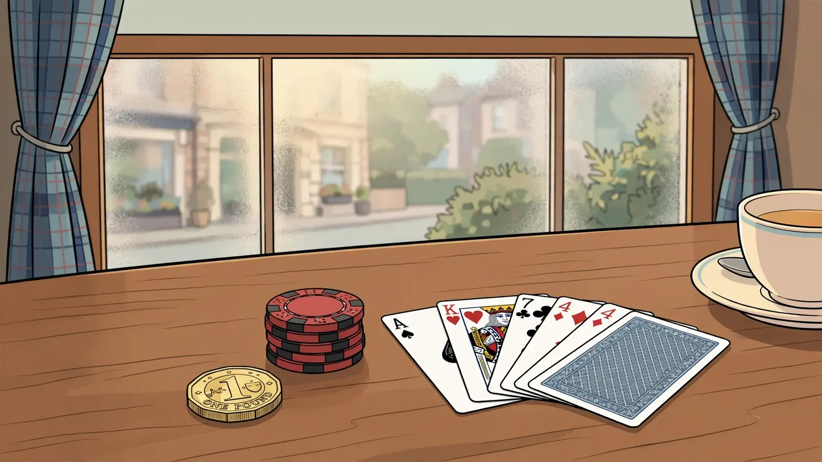 One-pound coin beside casino chips and playing cards on a wooden table in a British pub setting.