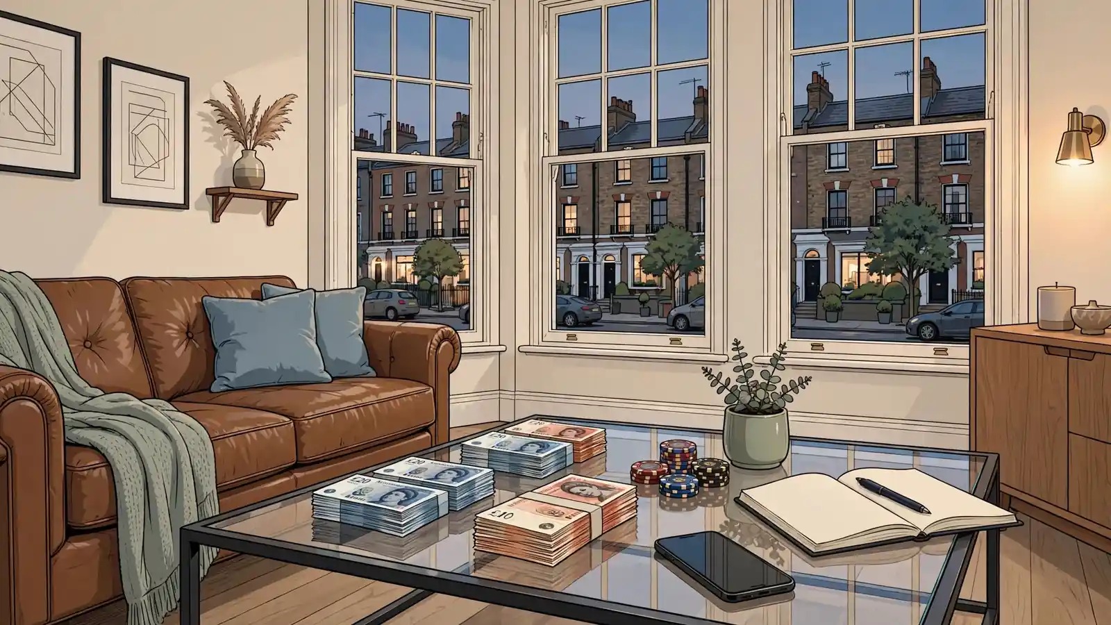 British living room with pound notes, casino chips and a notebook on a coffee table.