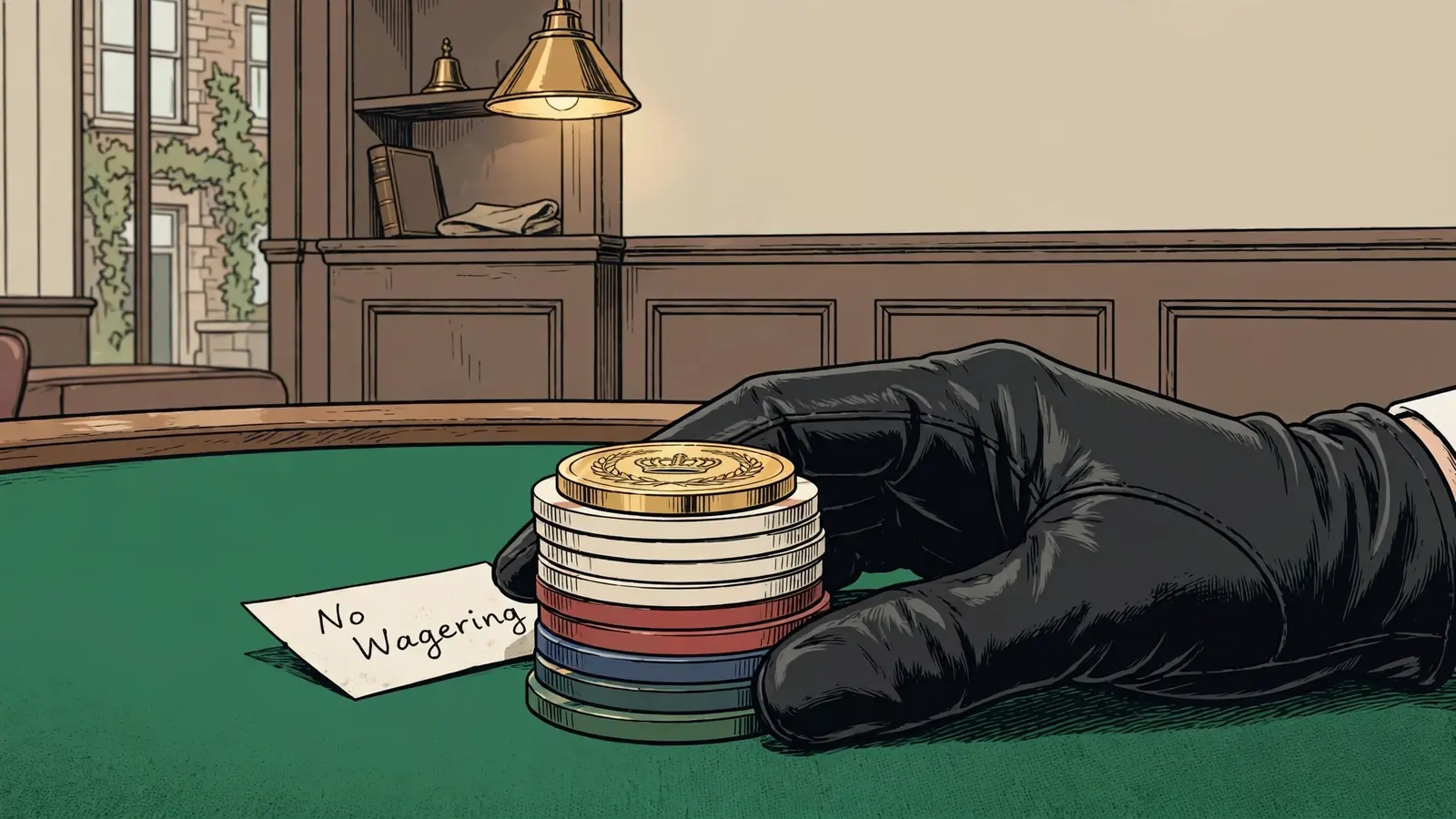 Casino chips and a golden coin on a green felt table.