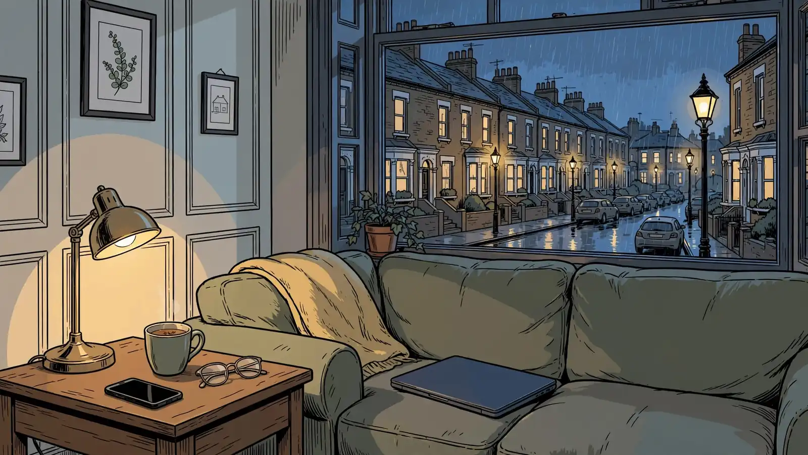 British living room at night with a face-down smartphone on a table.