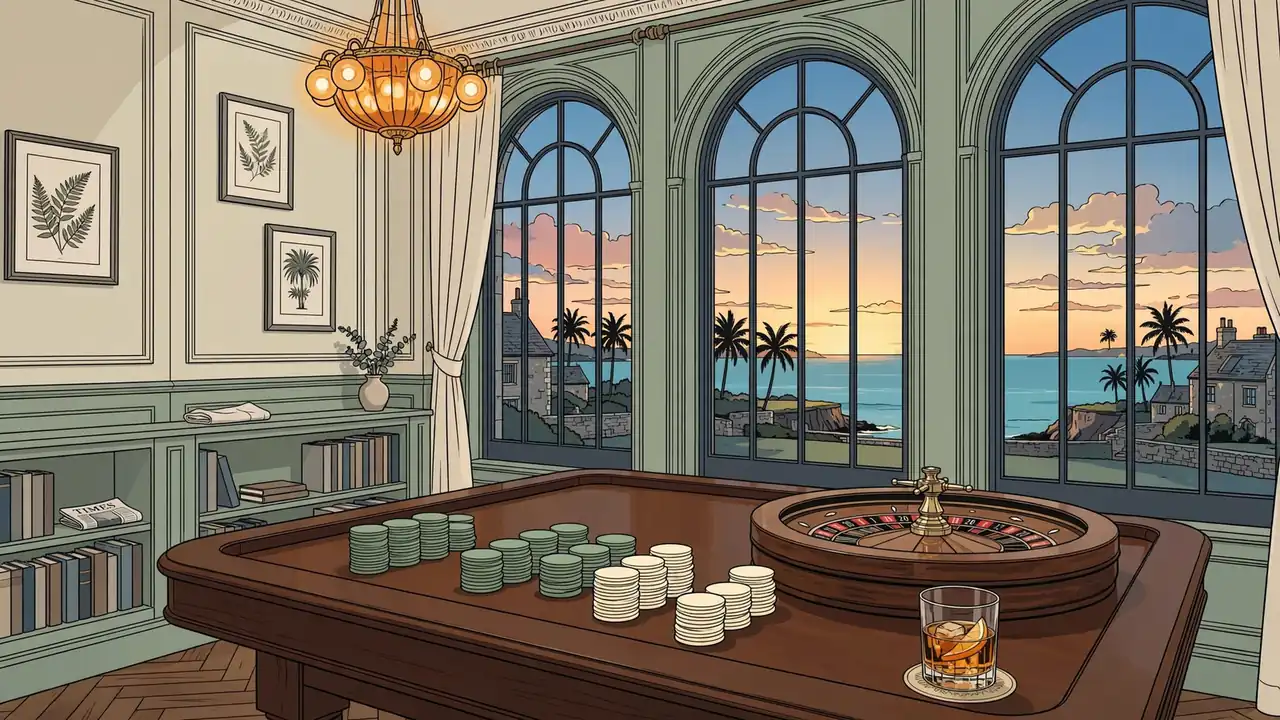 Elegant casino gaming table with chips and roulette wheel, Caribbean sunset through arched windows