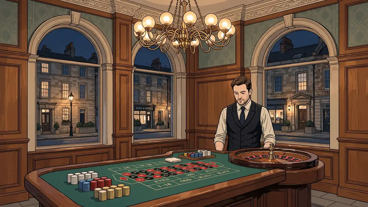 European casino interior with roulette table and chips at night