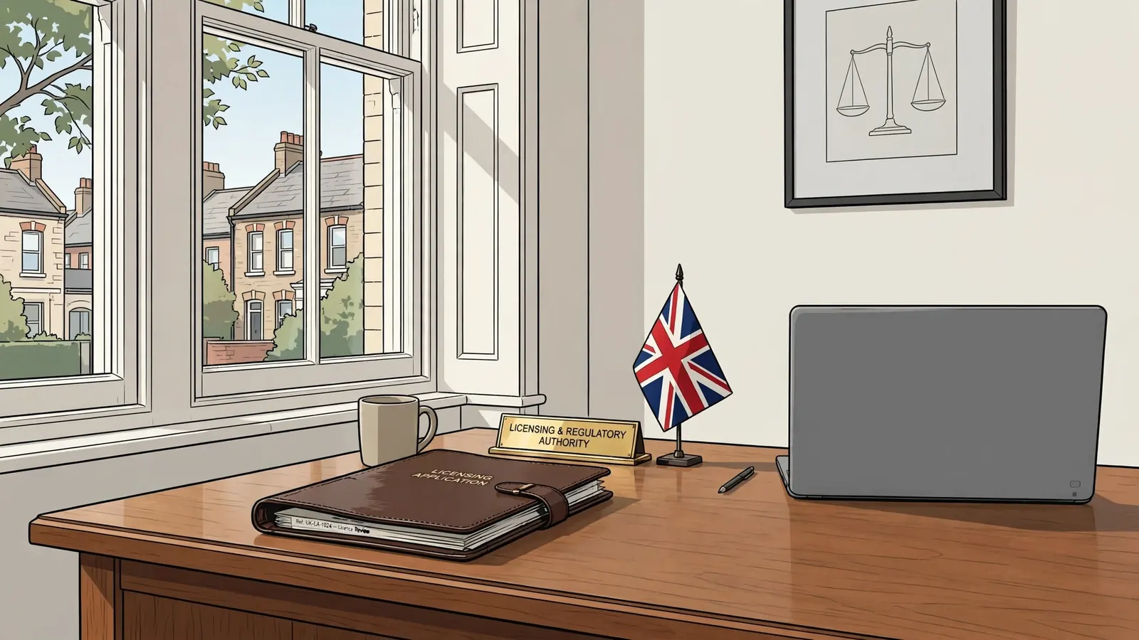 Office desk with regulatory documents and a small UK flag