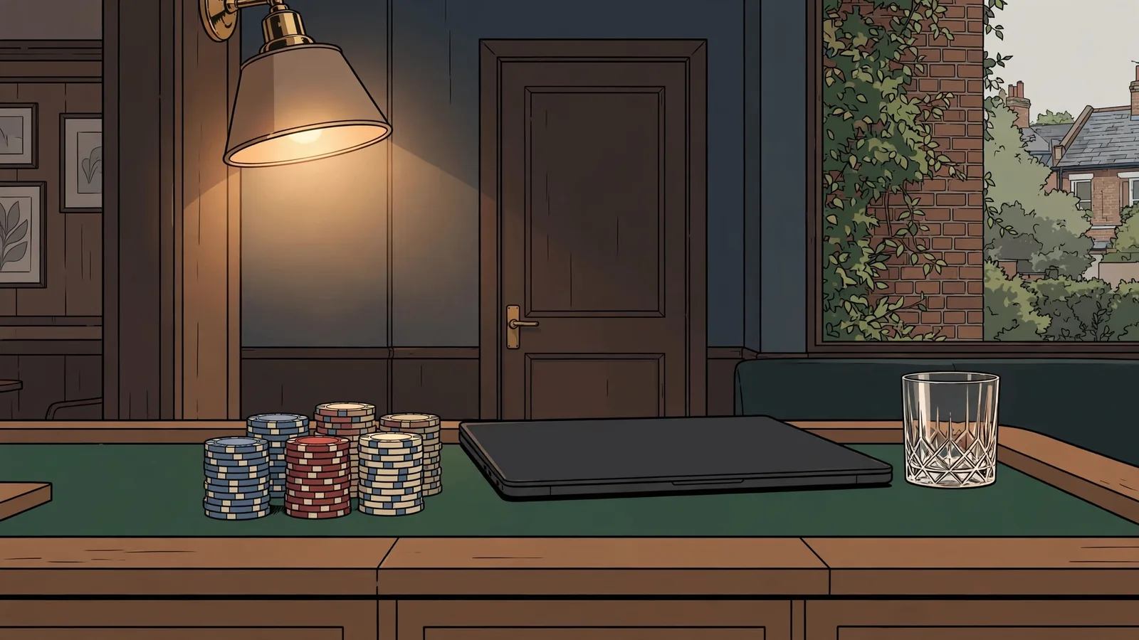 Private lounge with casino chips and closed laptop on a wooden table under warm lamp light.